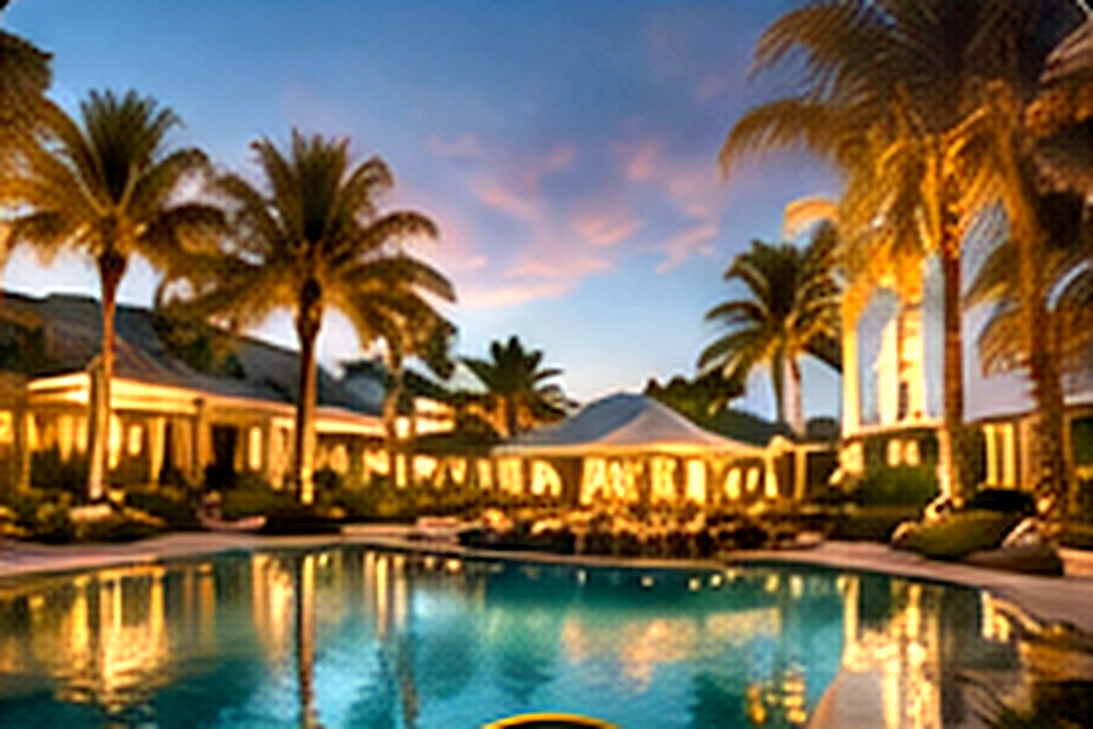 Palm-lined resort pool at sunset