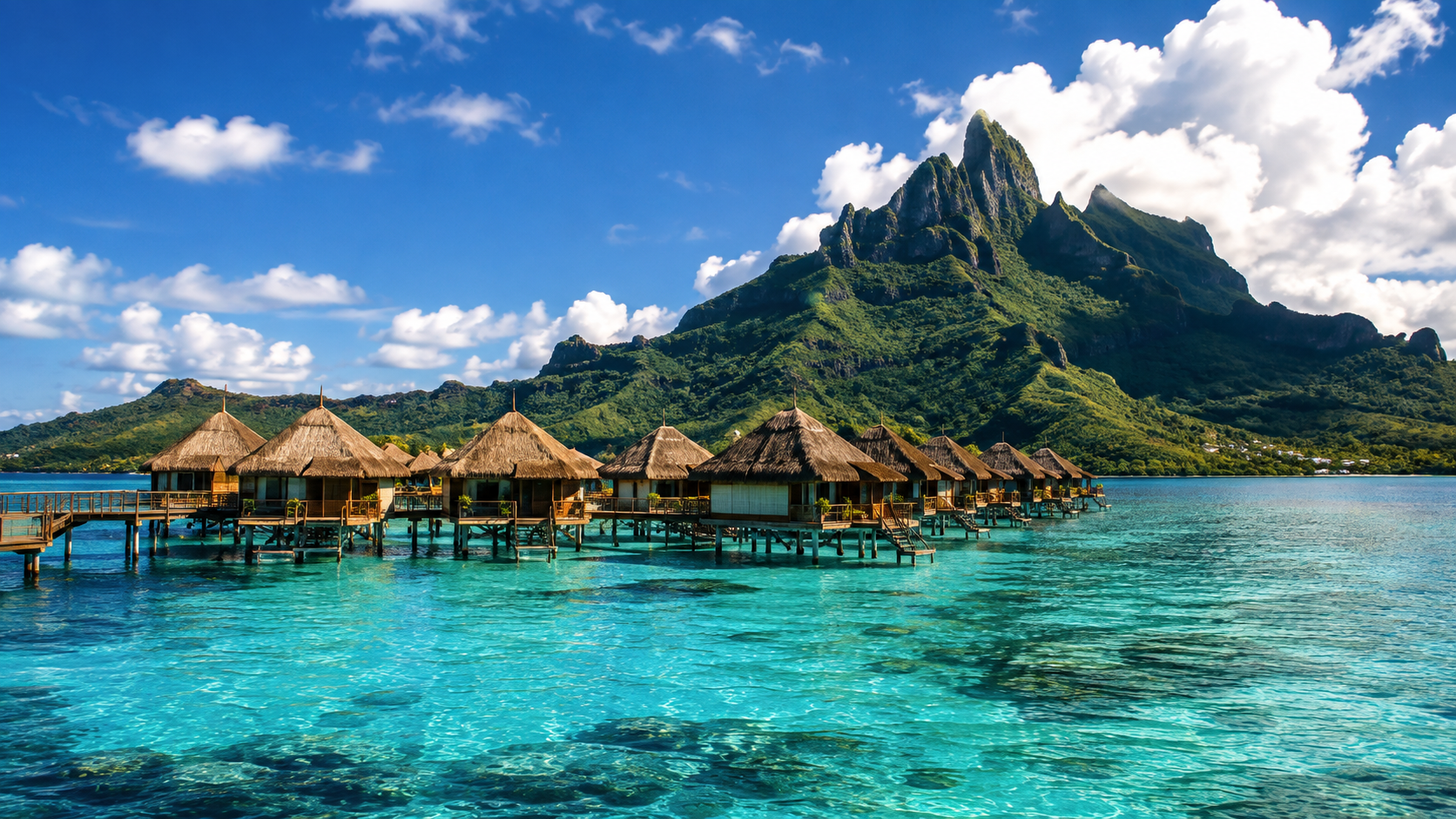 Overwater bungalows on a turquoise lagoon beneath a green volcanic peak.