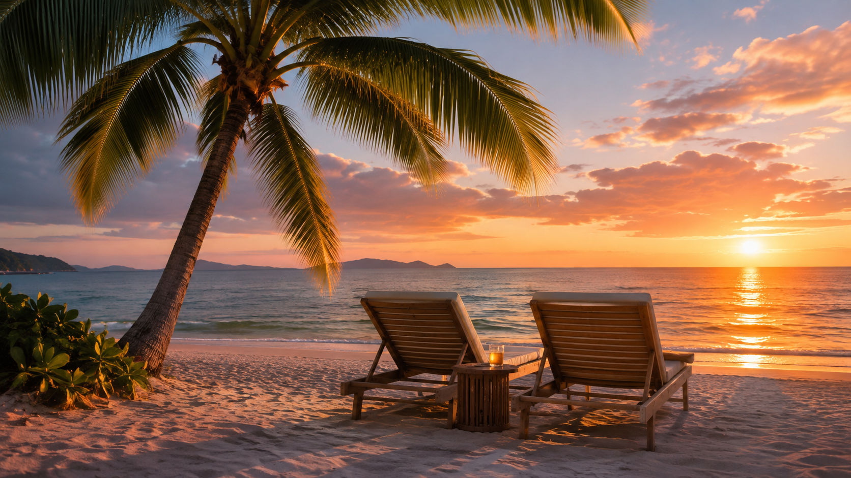 Sunset beach with palm and loungers