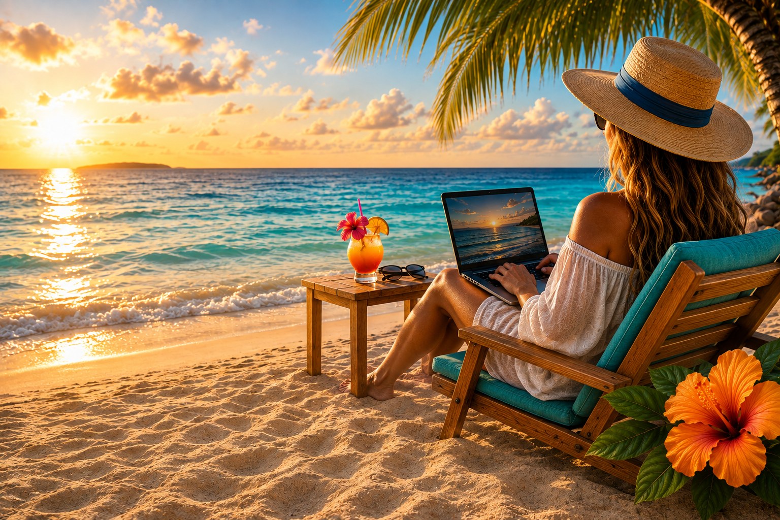 A travel advisor working on her laptop from a lounge chair overlooking a tropical bay.