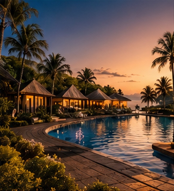 Palm trees silhouetted against a golden sunset over a resort pool and lagoon.
