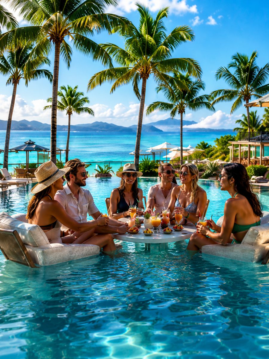 A group of friends gathered together around a swim-up table at a tropical resort.