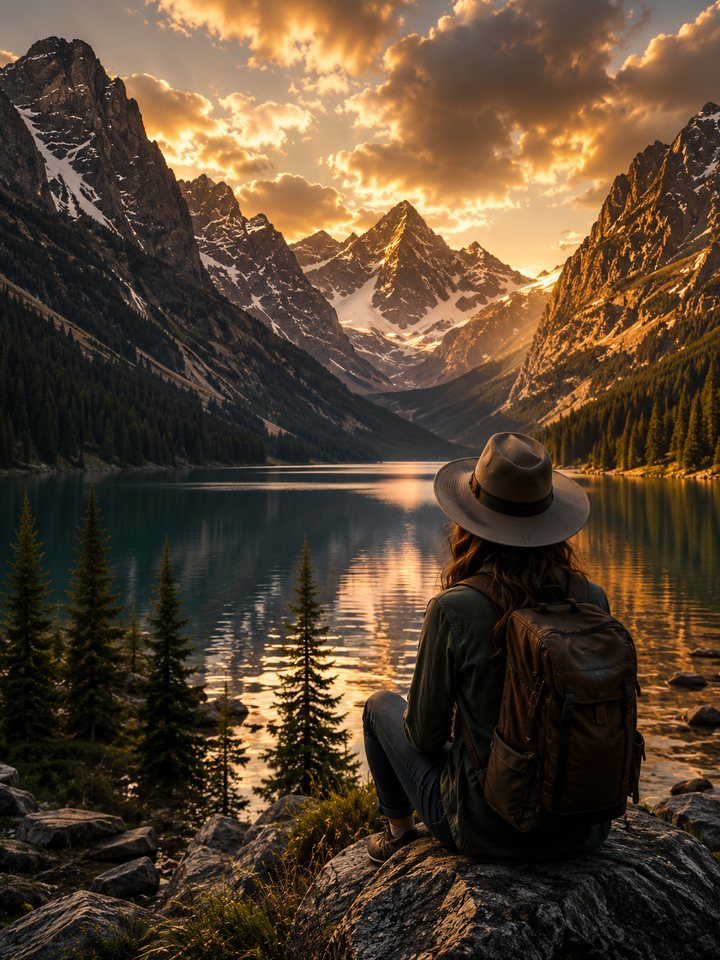 Traveler overlooking a mountain lake at sunset — Adventure Life Xperience