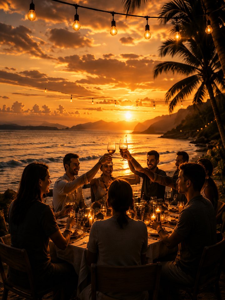 Advisors toasting at a sunset dinner — Connect Life Xperience