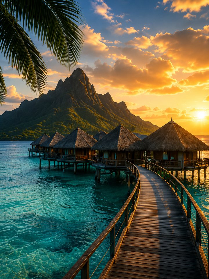 Overwater bungalows at sunset — Destination Life Xperience